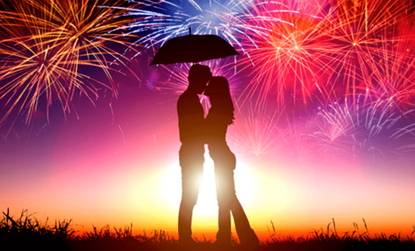 lovers silhouette fireworks